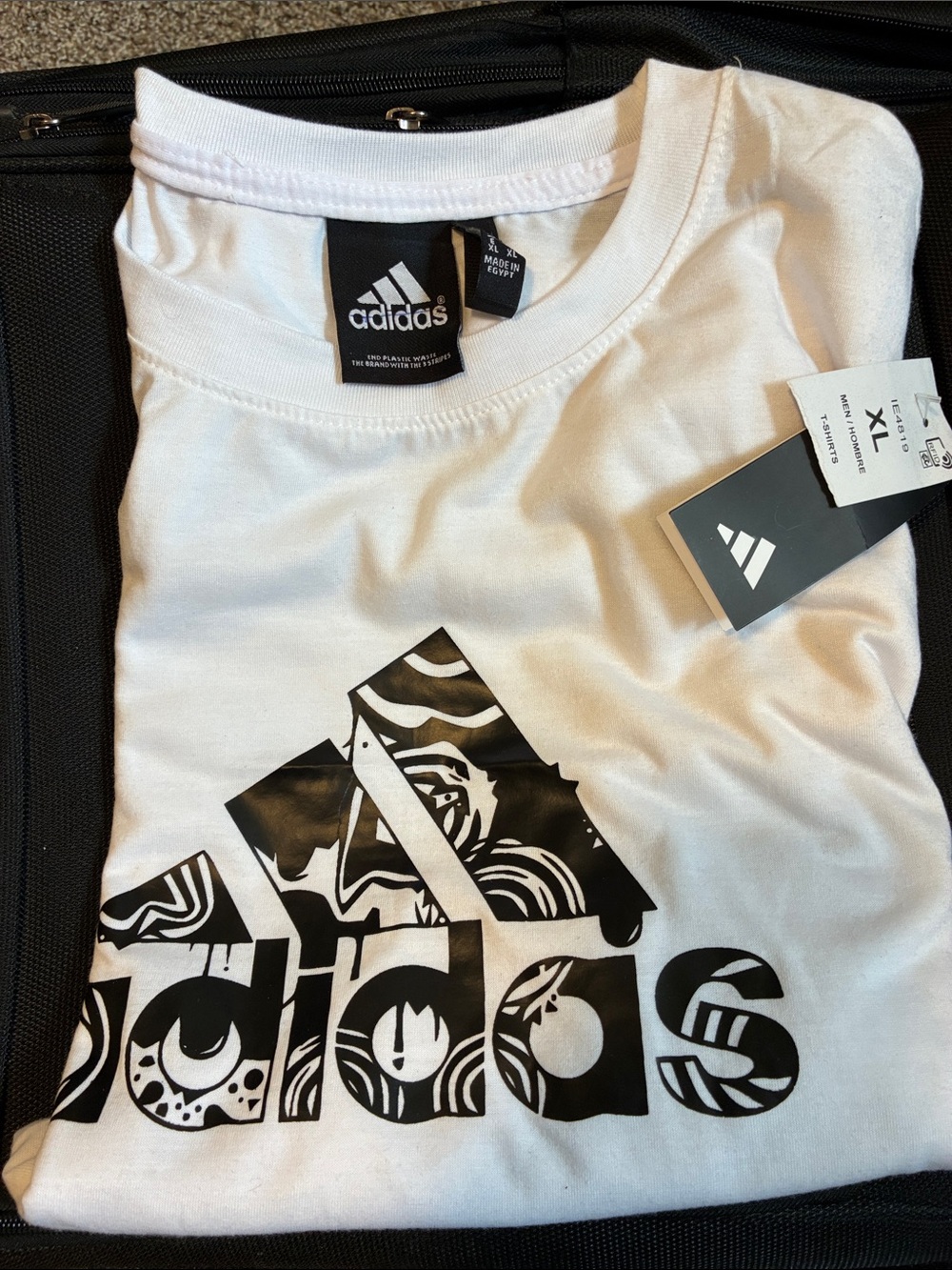 adidas White Tee with Black Patterned Logo